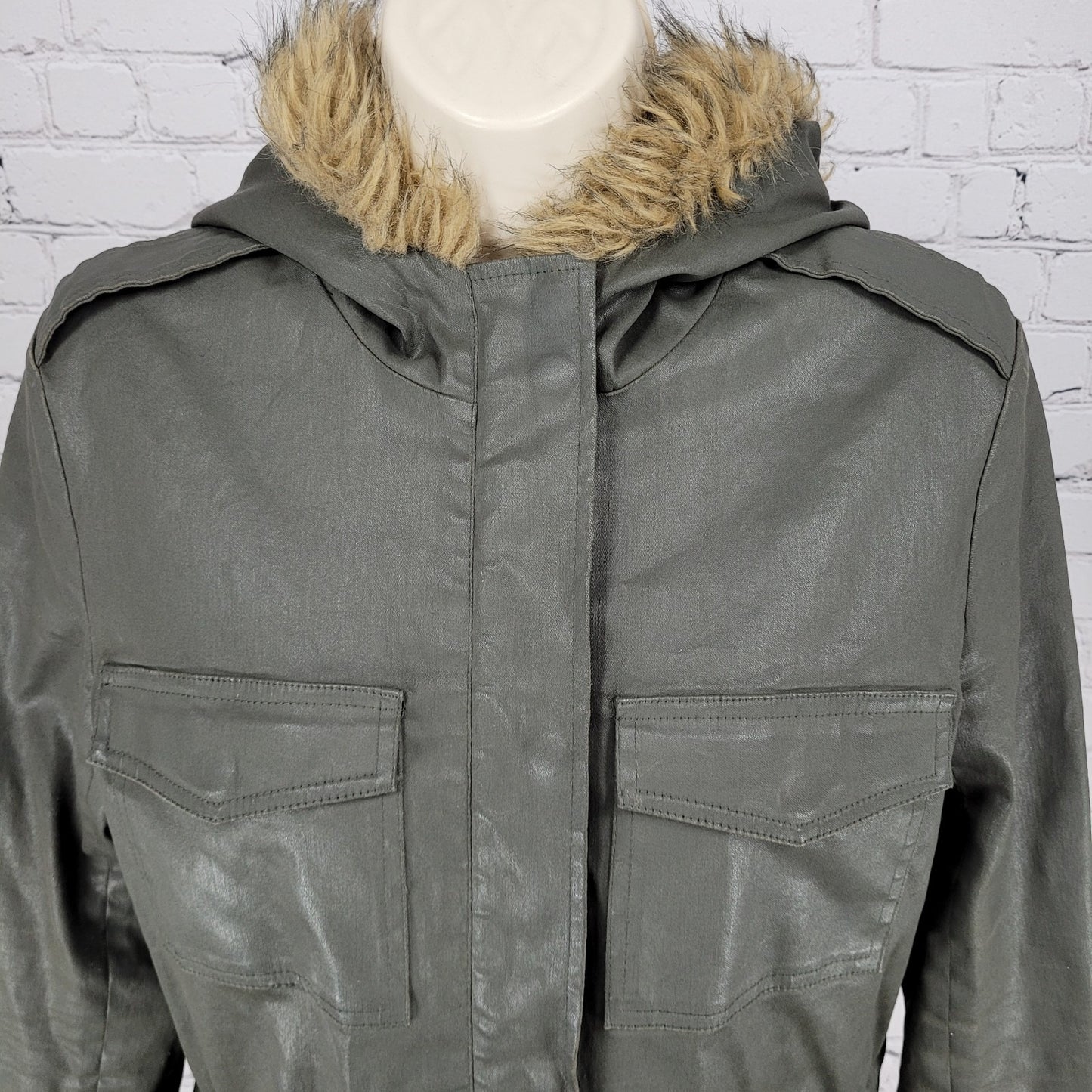 Joie Green Grey Waxed Cotton Zipped Faux Fur Hooded Utility Jacket Size XS