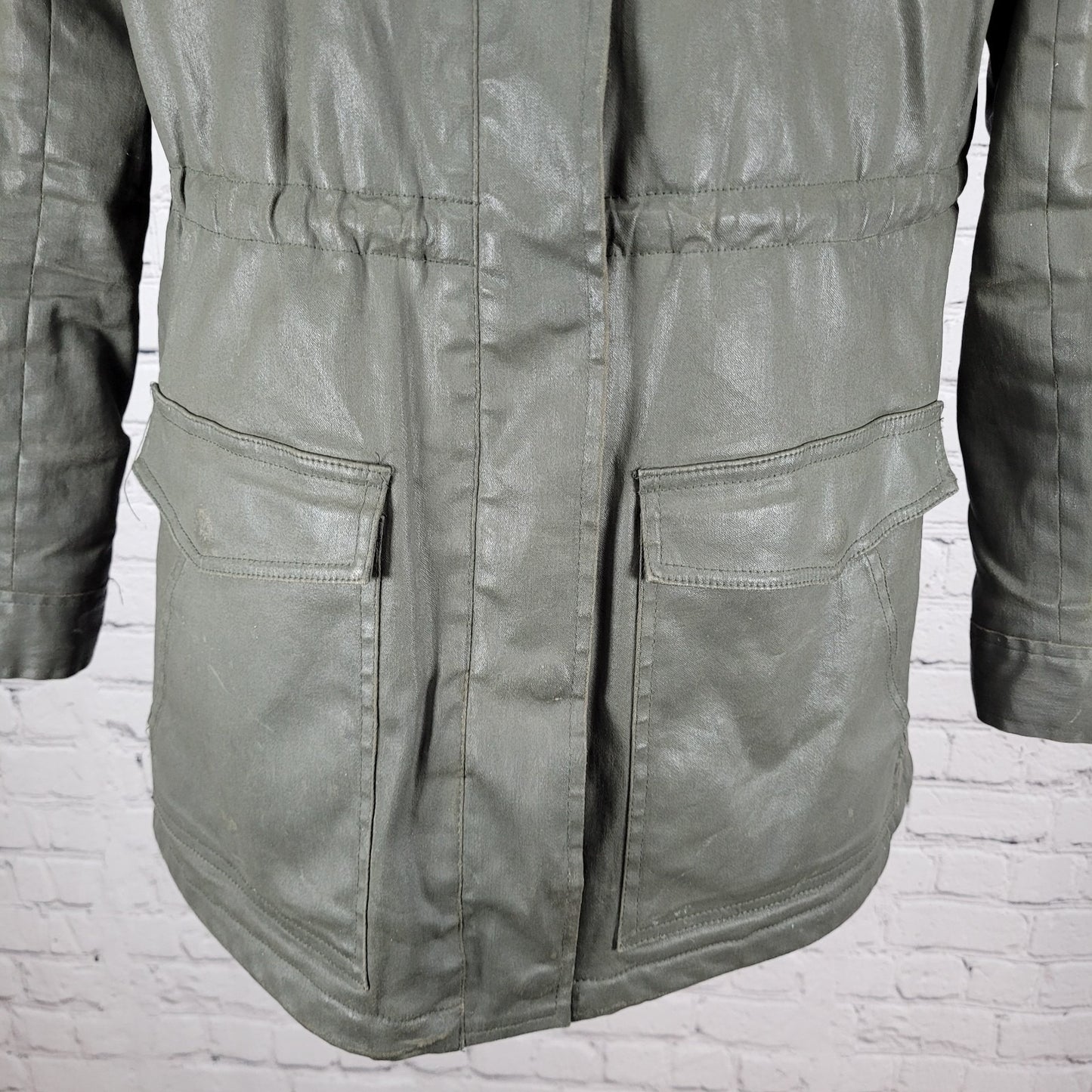 Joie Green Grey Waxed Cotton Zipped Faux Fur Hooded Utility Jacket Size XS