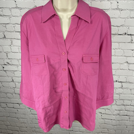 Chico’s Pink Button Up 3/4 Sleeve Stretch Lightweight Collar Shirt Size 3 US 16