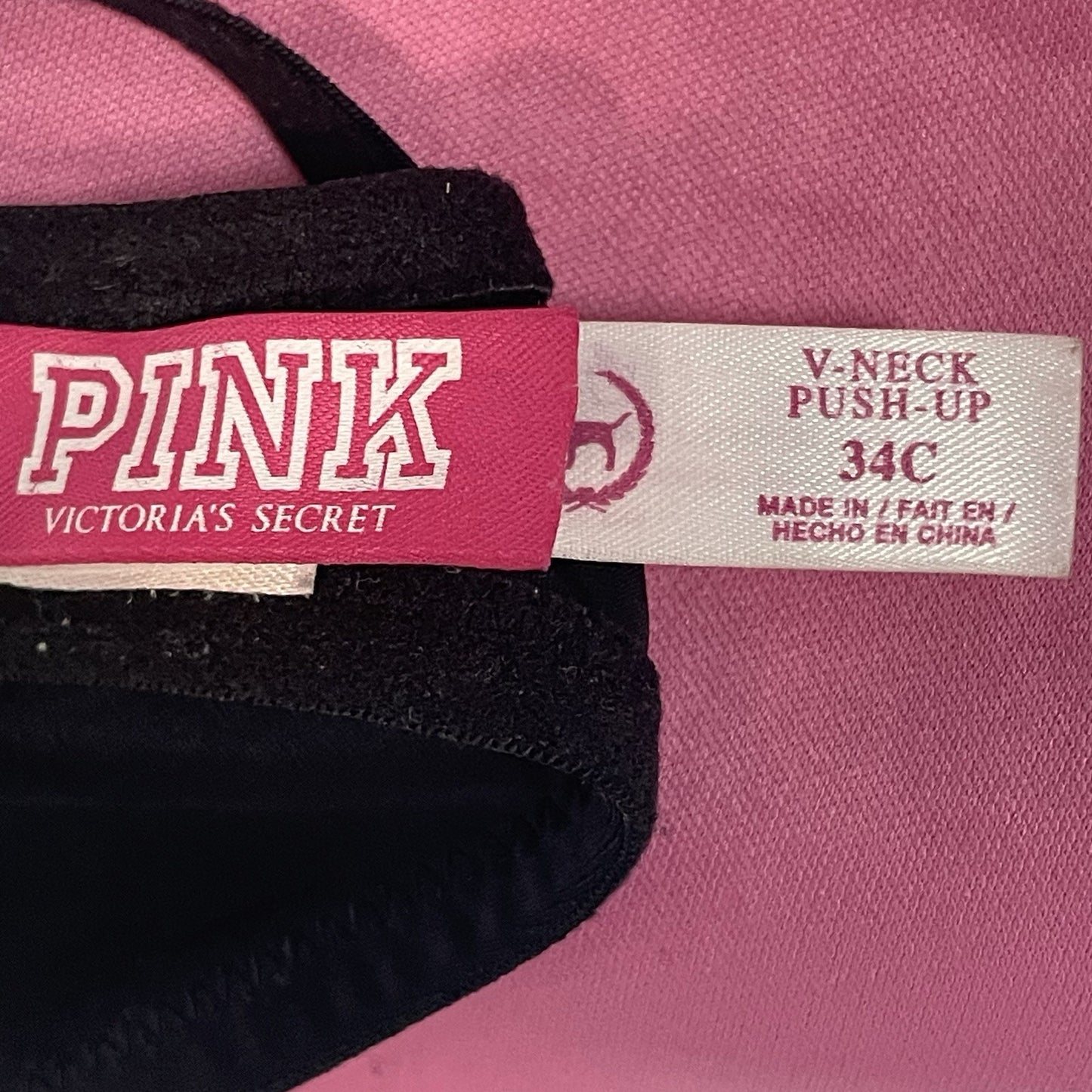 Pink Victoria’s Secret Black V Neck Push Up Wireless Adjustable Bra Size 34C