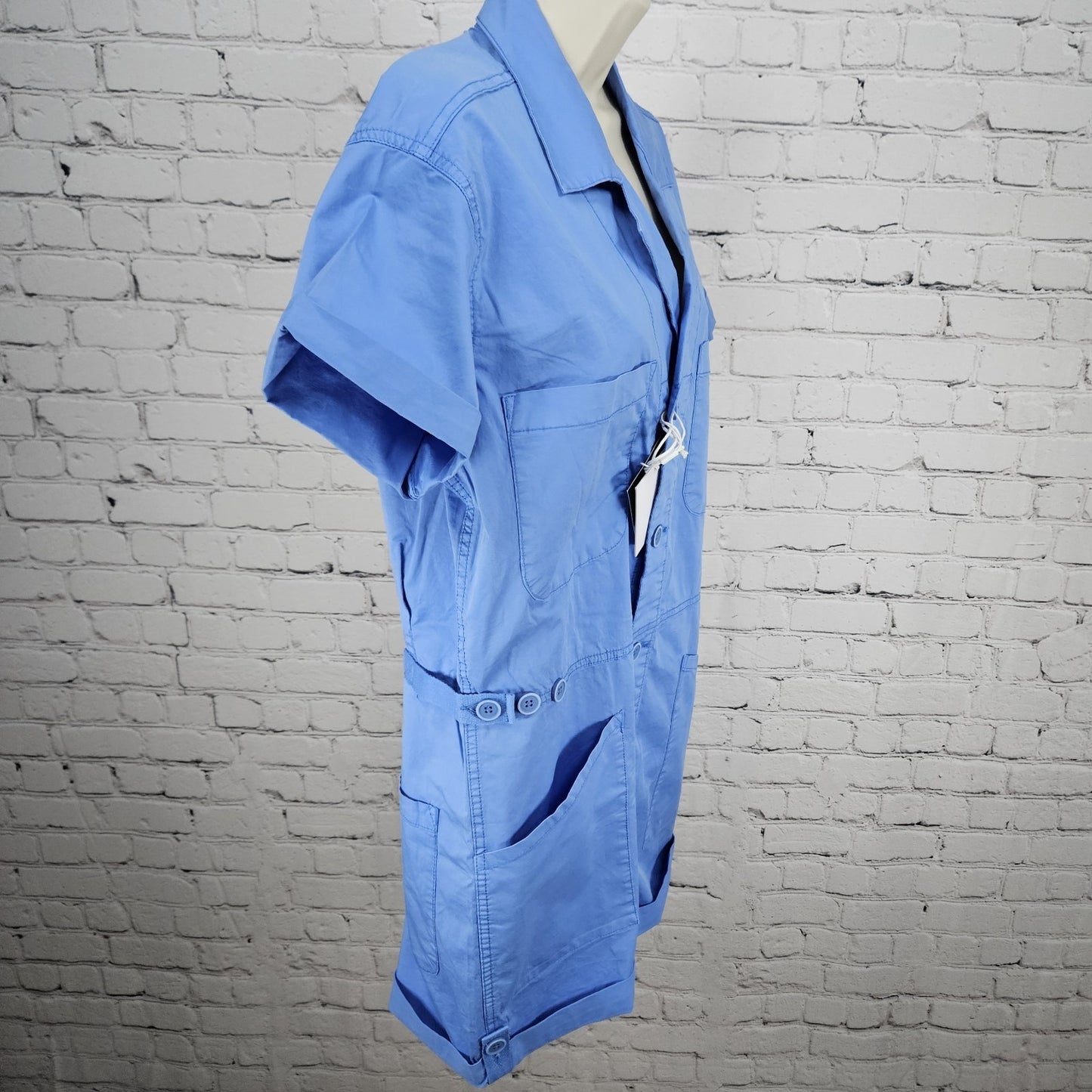 NWT Pistola Parker Azure Blue Cotton Stretch Short Sleeve Cuffed Romper Medium M