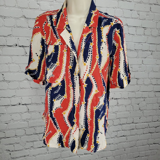 VTG Francesca Of Damon Starington Multicolor 100% Silk Stars Buttoned Top Size 6