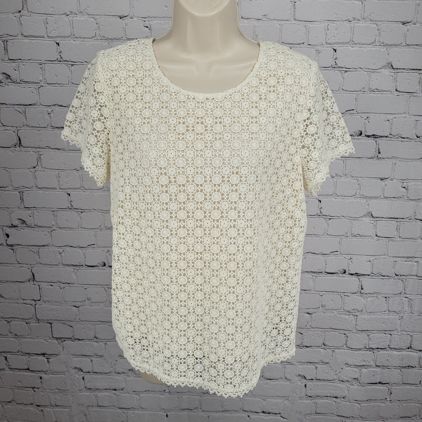 Joie Ivory 100% Cotton Eyelet Overlay Lined Short Sleeve Top Blouse Small S