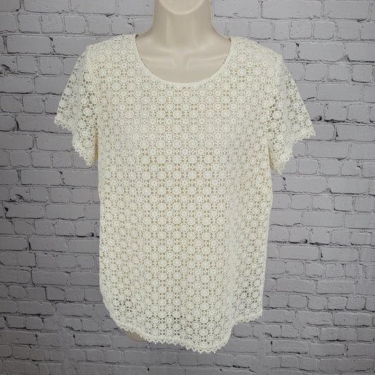 Joie Ivory 100% Cotton Eyelet Overlay Lined Short Sleeve Top Blouse Small S