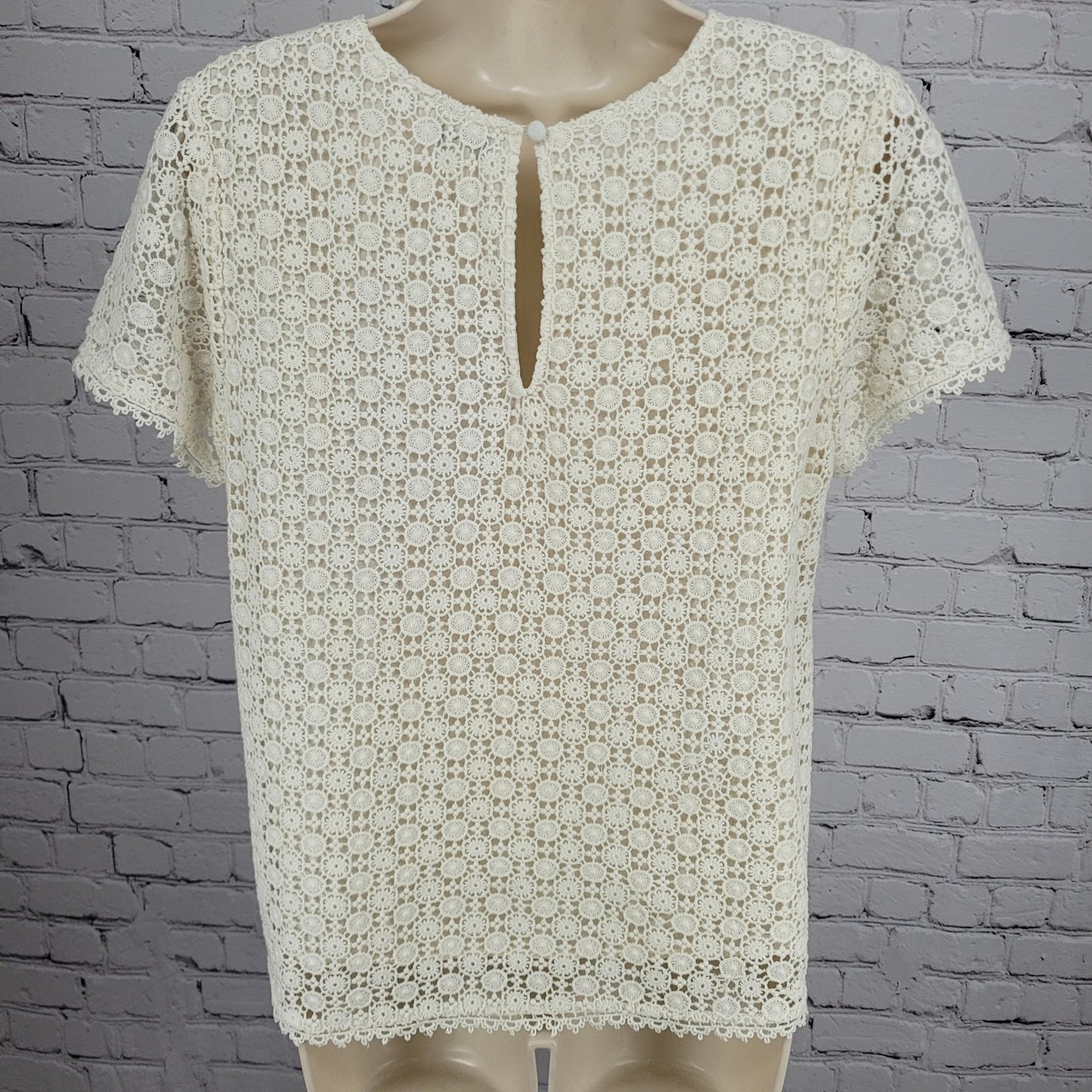 Joie Ivory 100% Cotton Eyelet Overlay Lined Short Sleeve Top Blouse Small S