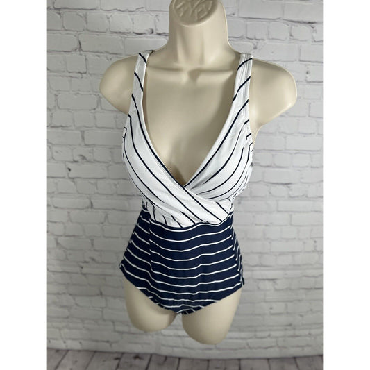 Kona Sol Blue White Striped Deep V Neck One Piece Swimsuit Bathing Suit Size S
