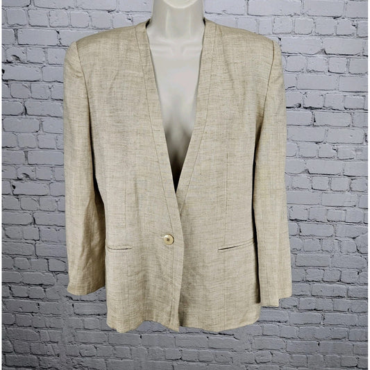 VTG Gianni Sport Beige Linen Blend 1 Button Collarless Blazer Suit Jacket USA 10