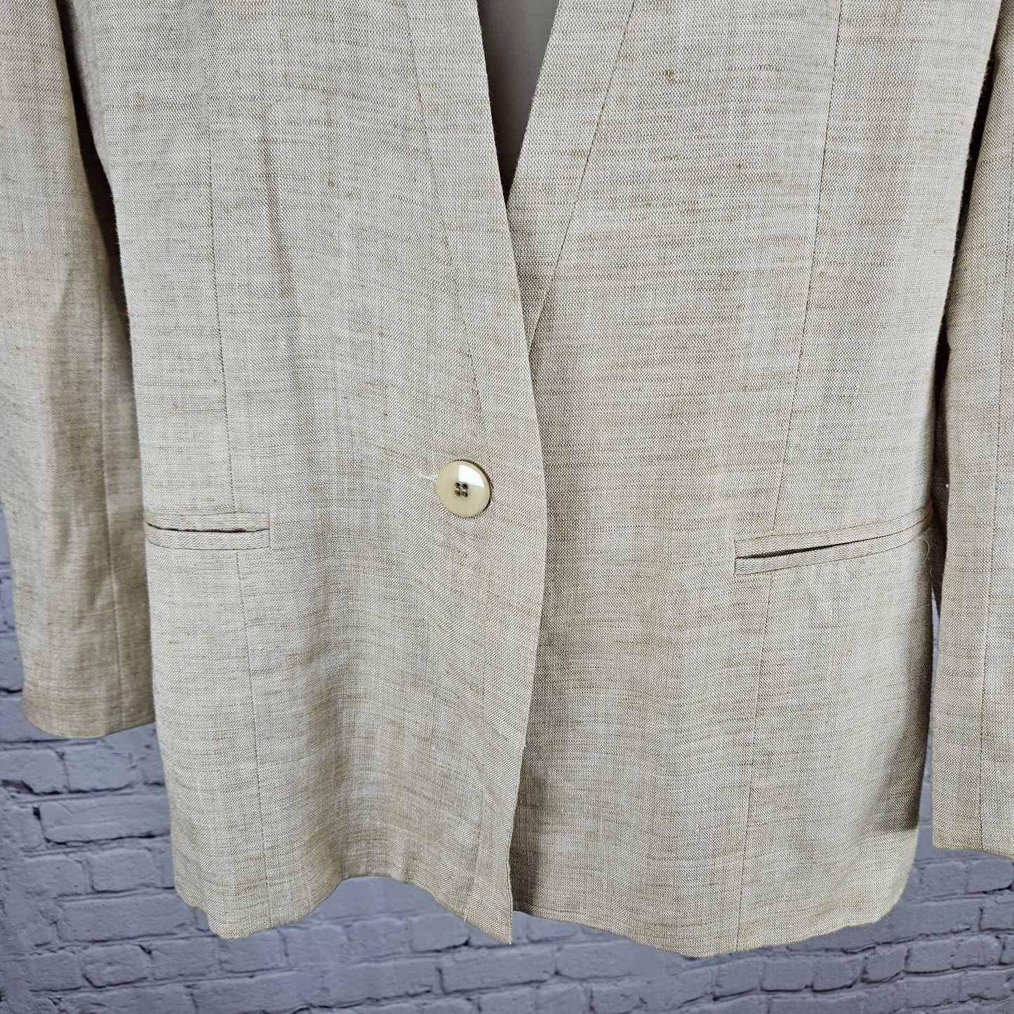 VTG Gianni Sport Beige Linen Blend 1 Button Collarless Blazer Suit Jacket USA 10