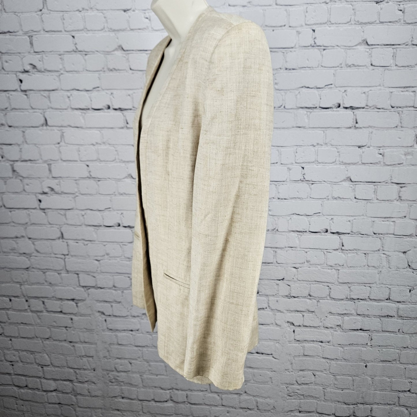 VTG Gianni Sport Beige Linen Blend 1 Button Collarless Blazer Suit Jacket USA 10