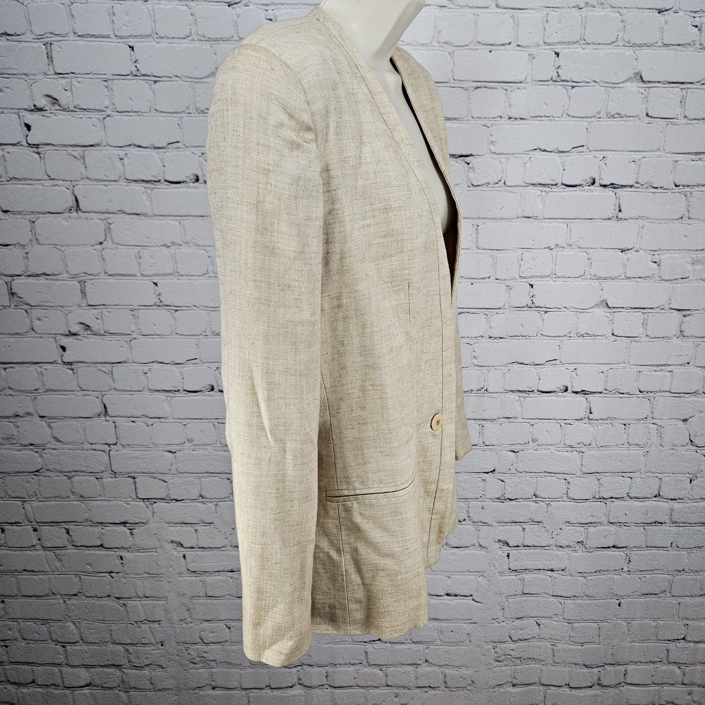 VTG Gianni Sport Beige Linen Blend 1 Button Collarless Blazer Suit Jacket USA 10