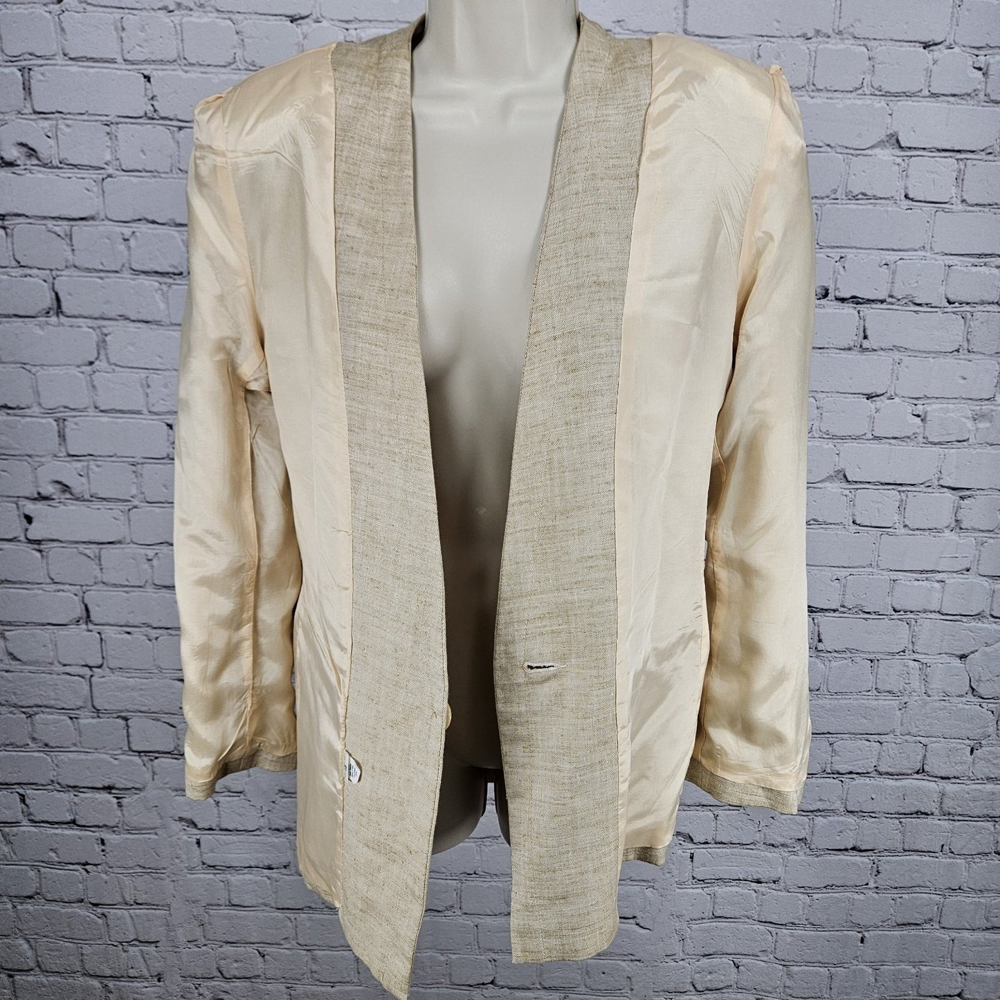 VTG Gianni Sport Beige Linen Blend 1 Button Collarless Blazer Suit Jacket USA 10