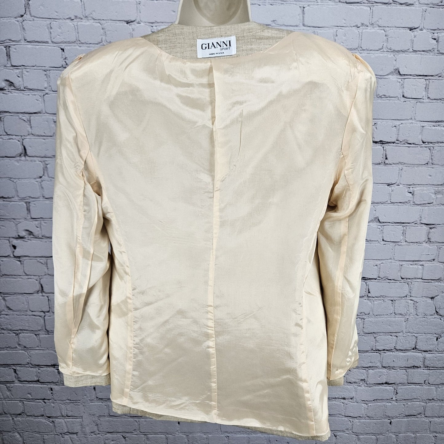 VTG Gianni Sport Beige Linen Blend 1 Button Collarless Blazer Suit Jacket USA 10