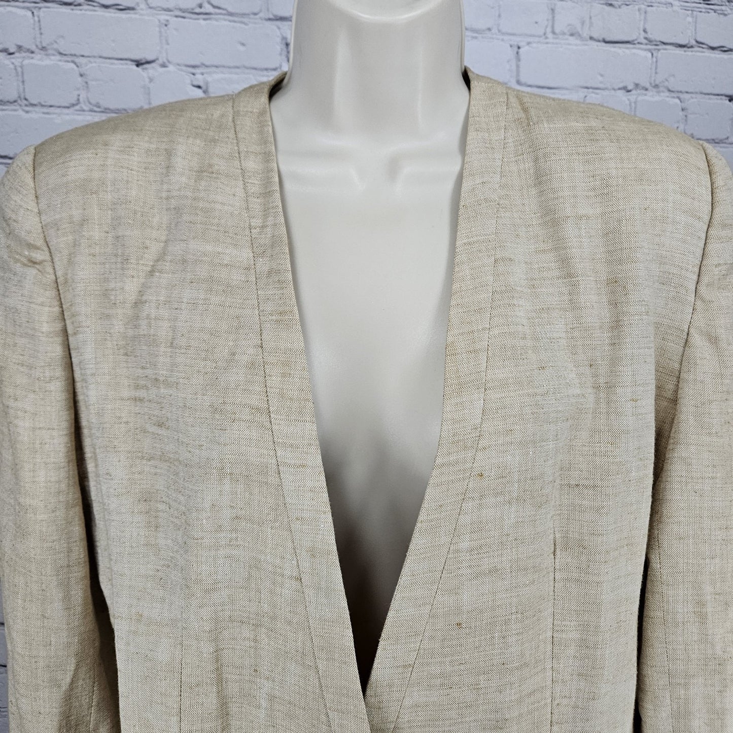 VTG Gianni Sport Beige Linen Blend 1 Button Collarless Blazer Suit Jacket USA 10