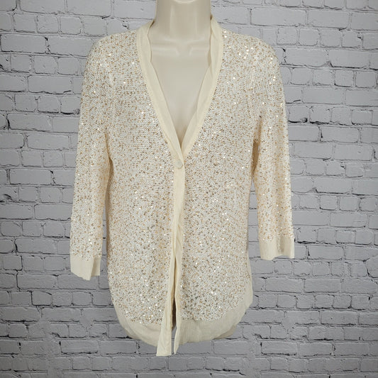 Chico's Ivory Linen Blend Sequin 3/4 Sleeve Lightweight Cardigan Size 1 US 8