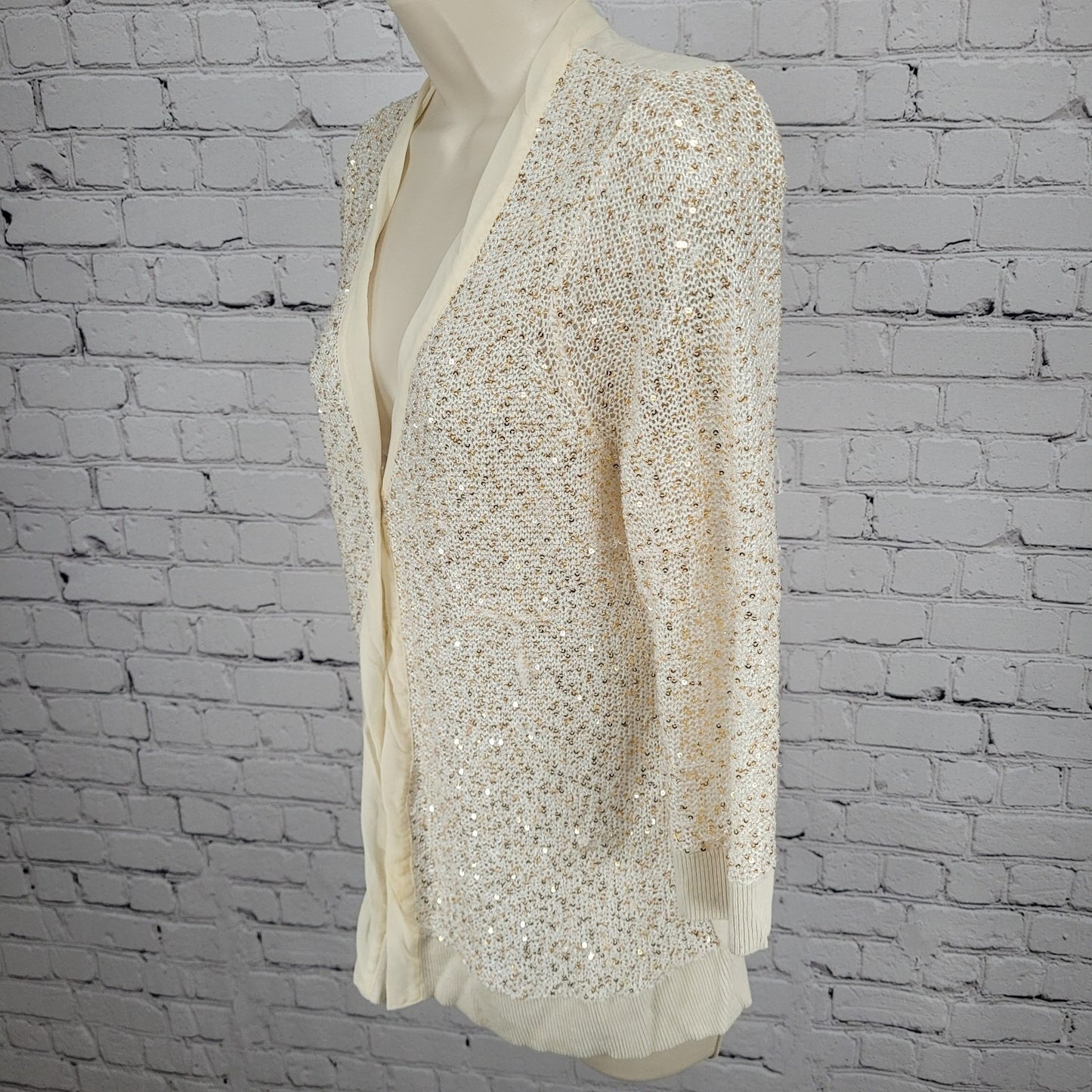 Chico's Ivory Linen Blend Sequin 3/4 Sleeve Lightweight Cardigan Size 1 US 8