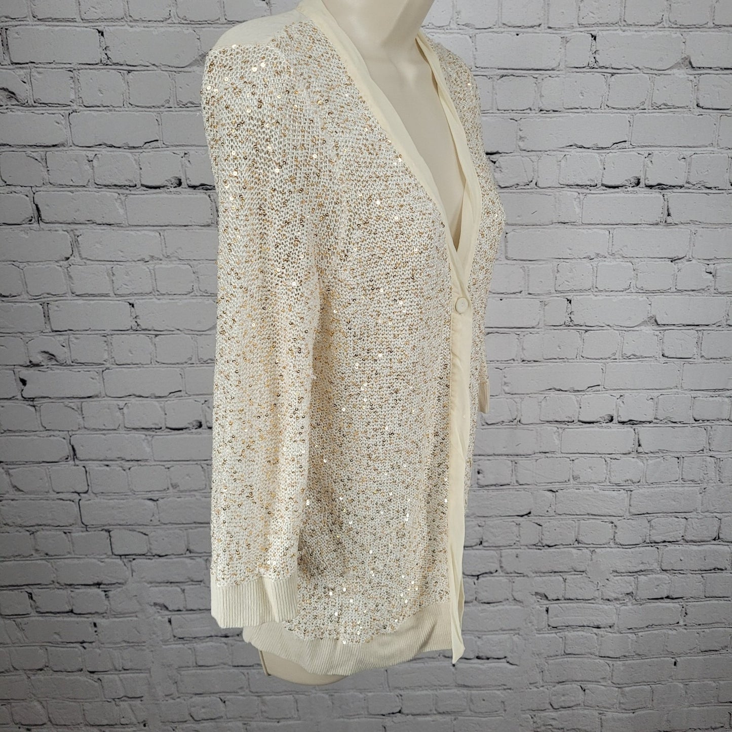 Chico's Ivory Linen Blend Sequin 3/4 Sleeve Lightweight Cardigan Size 1 US 8