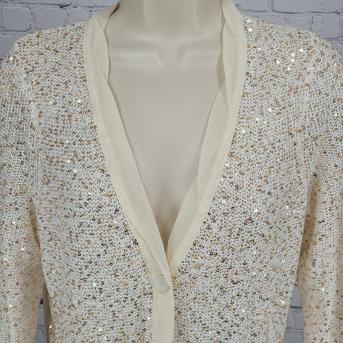 Chico's Ivory Linen Blend Sequin 3/4 Sleeve Lightweight Cardigan Size 1 US 8