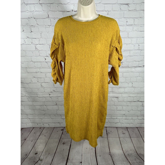 ZARA Trafaluc Yellow Textured Ruffle 3/4 Sleeve Pullover Knee Length Dress S