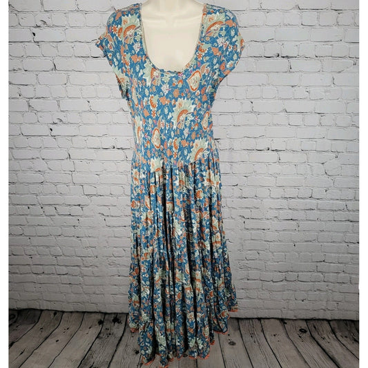 Soft Surroundings Blue Floral Short Sleeve Boho Maxi Dress Size Medium M