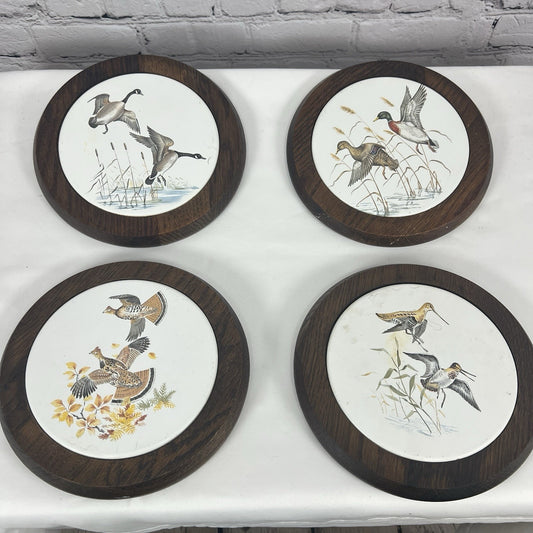 MCM Round Wooden Ceramic Tile Trivet Nature Scenes Birds In Flight Complete Set