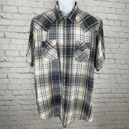 VTG Ely Cattleman Plaid Pearl Snap Western Short Sleeve Shirt Size XLT 17-1/2