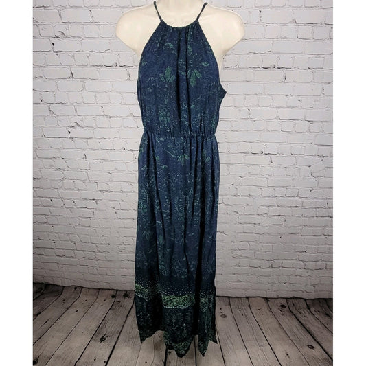 O'Neill Blue Green Floral Halter Adjustable Ties Side Slit Maxi Dress Medium M