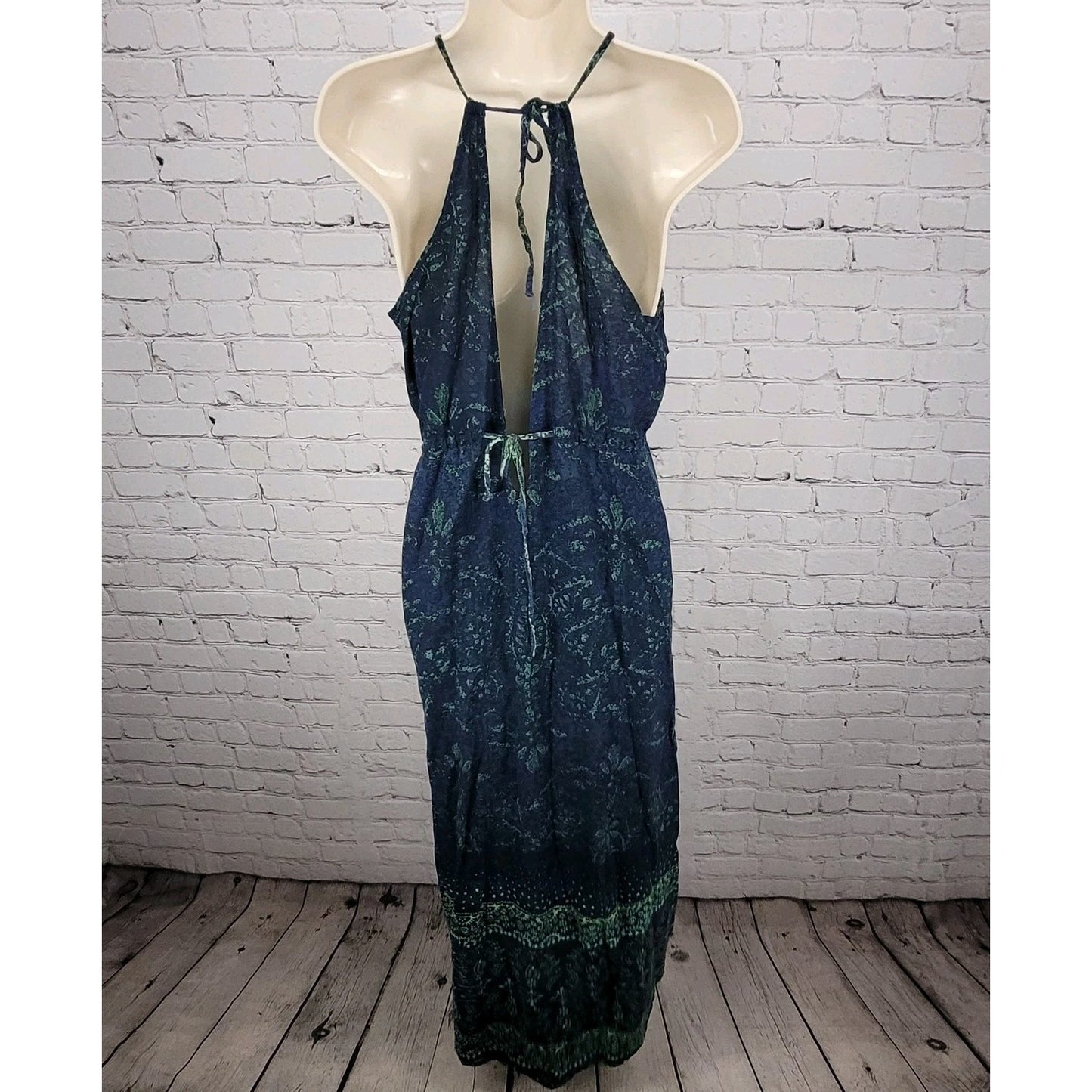 O'Neill Blue Green Floral Halter Adjustable Ties Side Slit Maxi Dress Medium M