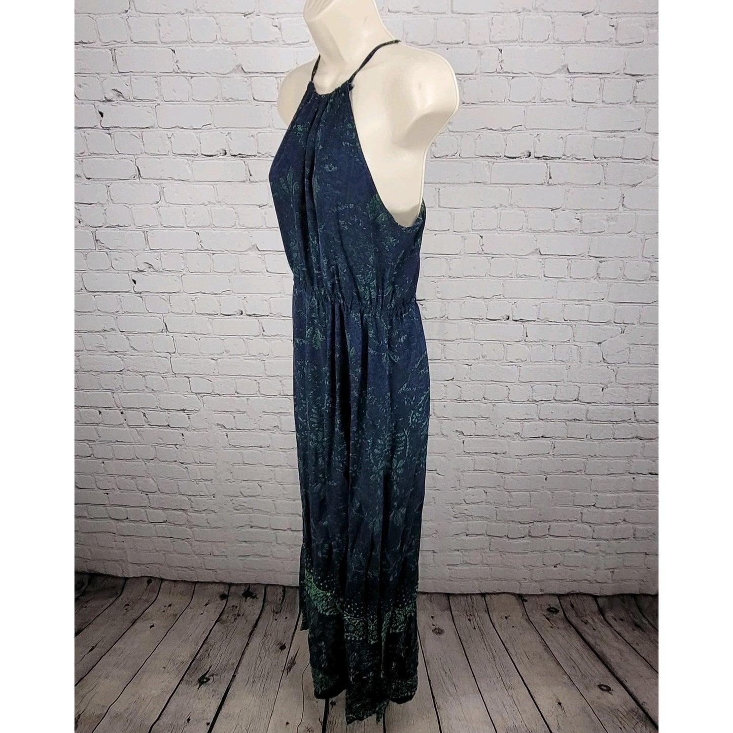 O'Neill Blue Green Floral Halter Adjustable Ties Side Slit Maxi Dress Medium M
