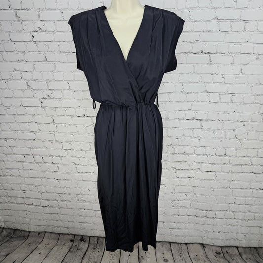 VTG DQ Fashions Navy V Neck Buttoned Back Shoulder Pad Midi Pencil Dress USA 5/6