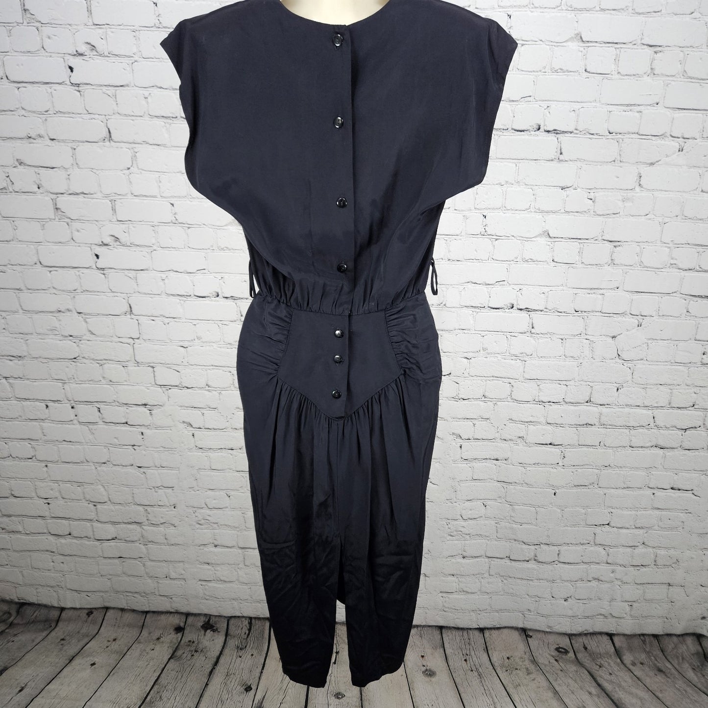 VTG DQ Fashions Navy V Neck Buttoned Back Shoulder Pad Midi Pencil Dress USA 5/6