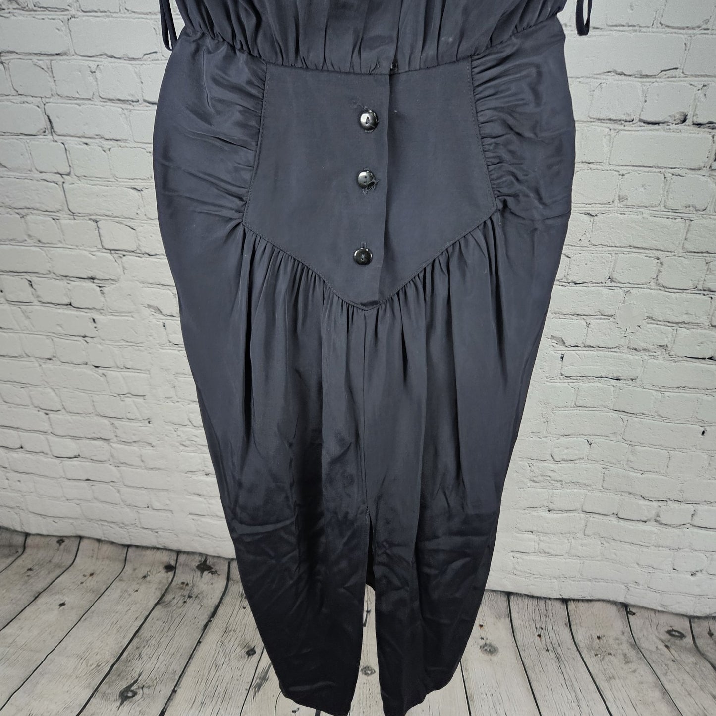 VTG DQ Fashions Navy V Neck Buttoned Back Shoulder Pad Midi Pencil Dress USA 5/6