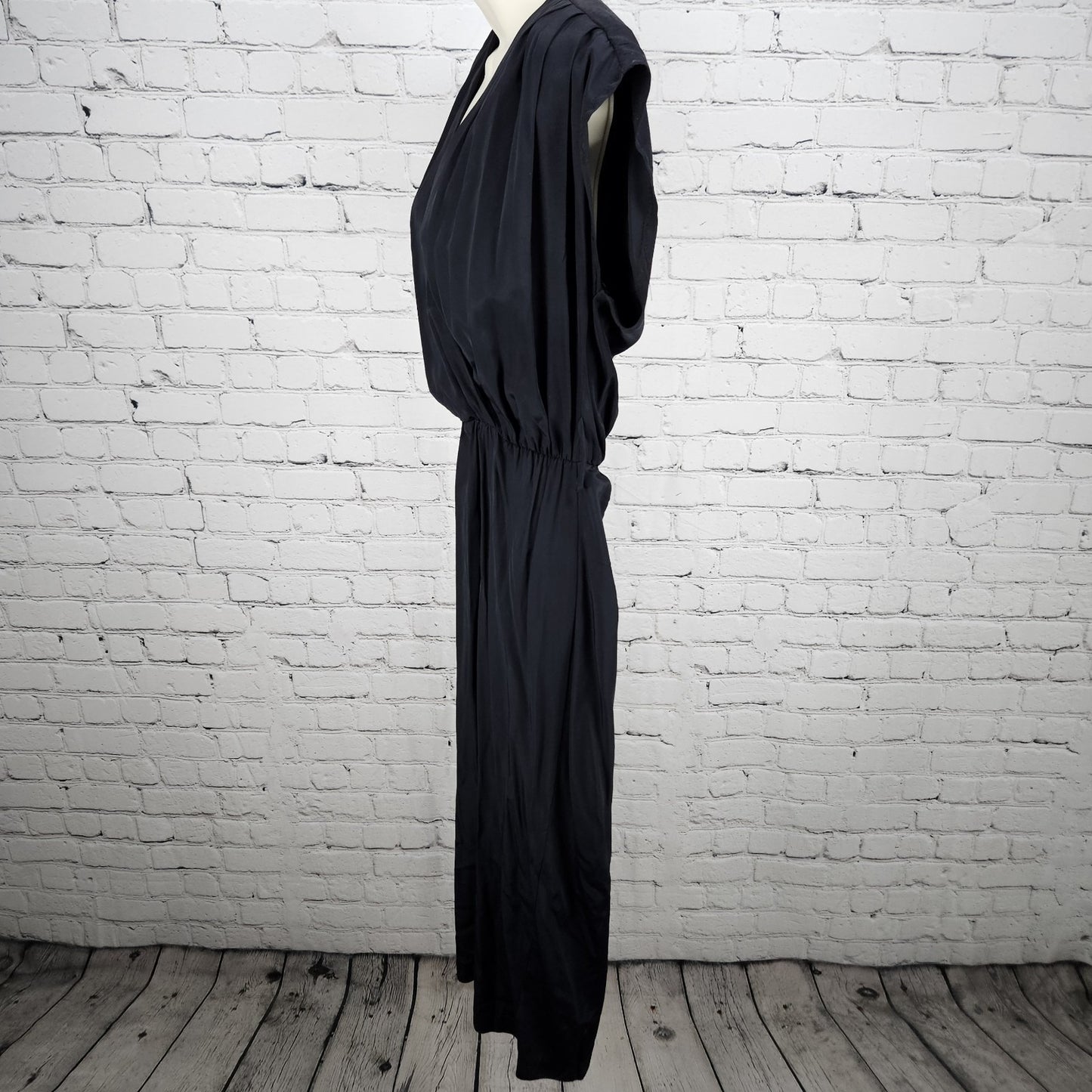 VTG DQ Fashions Navy V Neck Buttoned Back Shoulder Pad Midi Pencil Dress USA 5/6