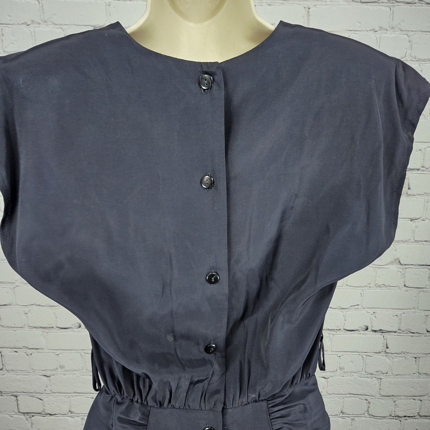 VTG DQ Fashions Navy V Neck Buttoned Back Shoulder Pad Midi Pencil Dress USA 5/6