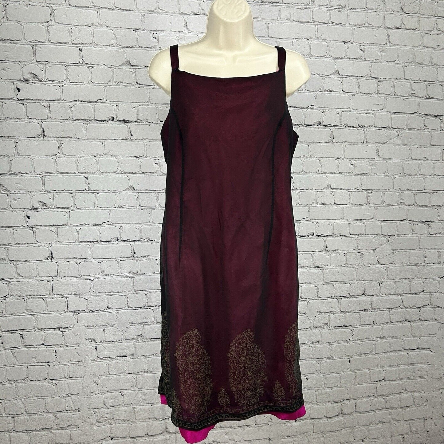 Ice Maroon Pink 100% Silk Sleeveless Layered Zip Up Floral Shift Dress Size 14