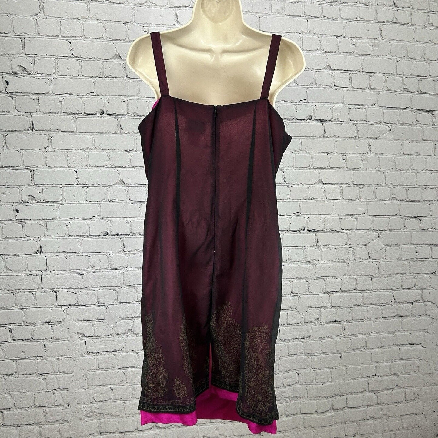 Ice Maroon Pink 100% Silk Sleeveless Layered Zip Up Floral Shift Dress Size 14