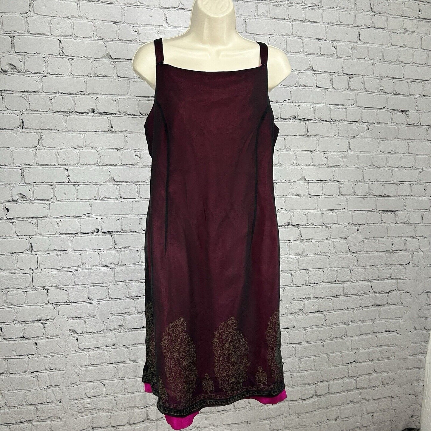 Ice Maroon Pink 100% Silk Sleeveless Layered Zip Up Floral Shift Dress Size 14