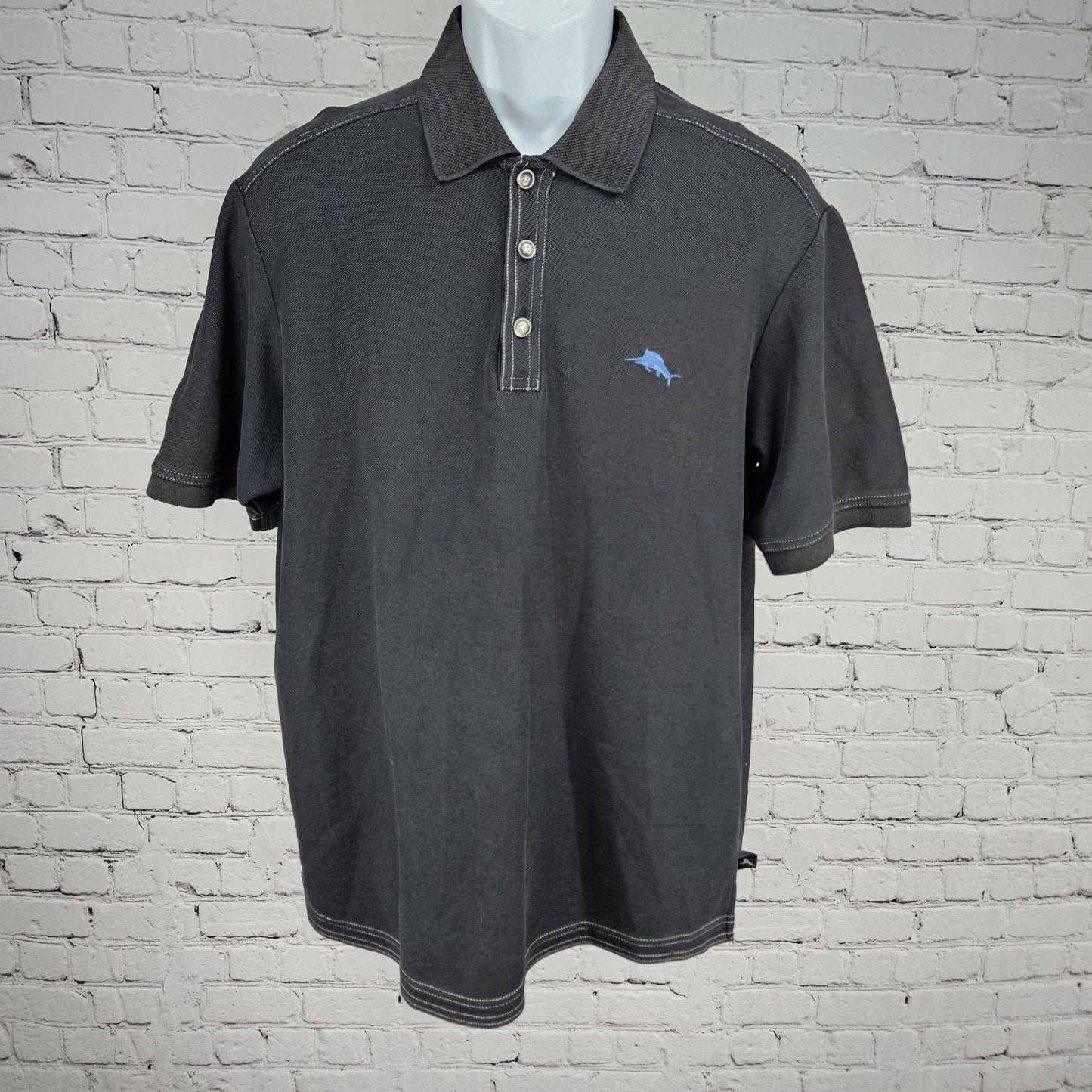Tommy Bahama Black Supima Cotton Fish Logo Short Sleeve Polo Shirt Medium M