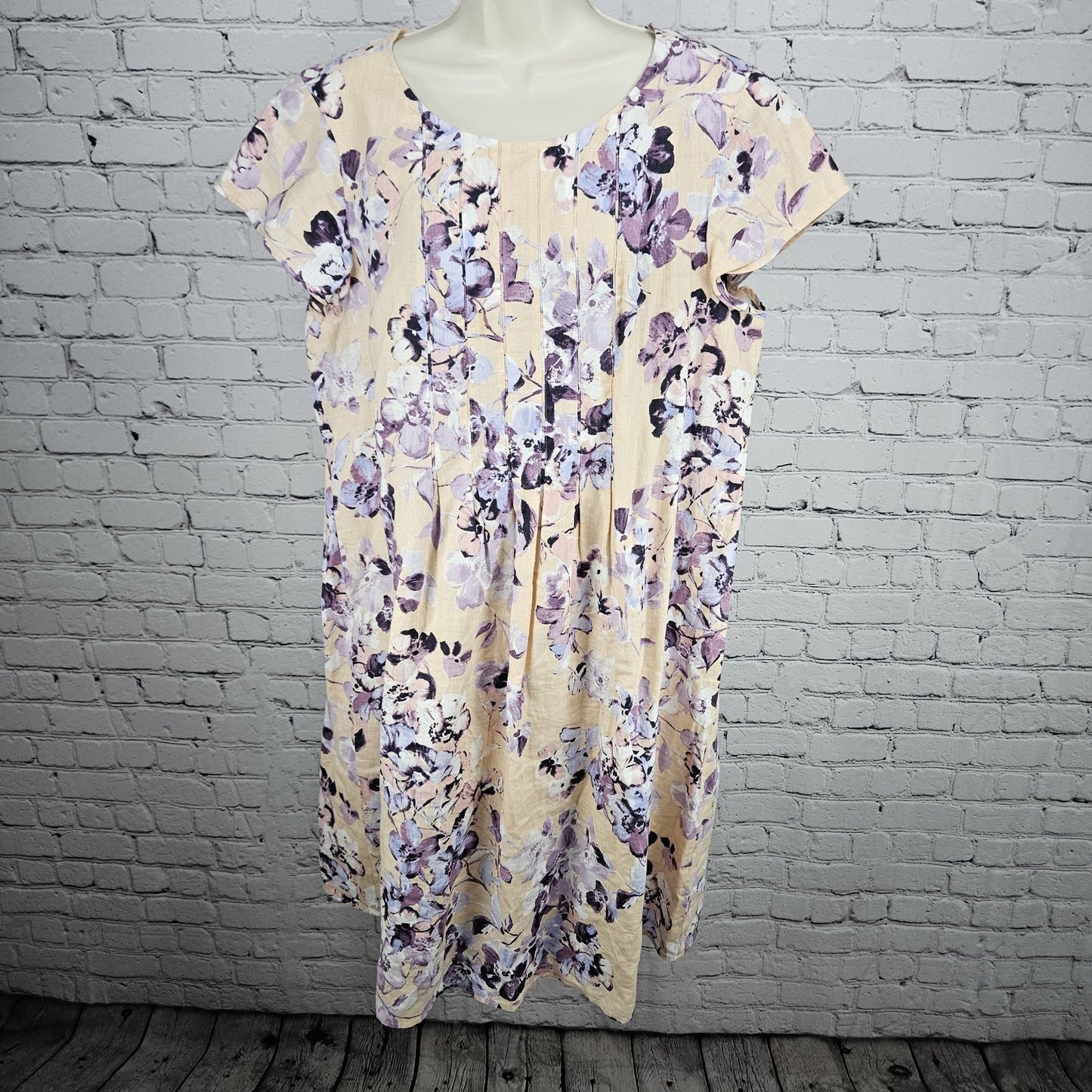 J. Jill Orange Purple 100% Linen Floral Short Sleeve Midi Dress Large L Tall