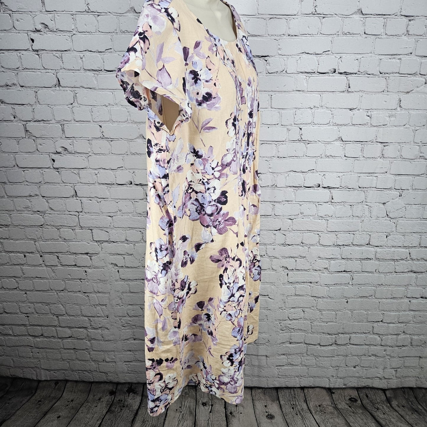 J. Jill Orange Purple 100% Linen Floral Short Sleeve Midi Dress Large L Tall