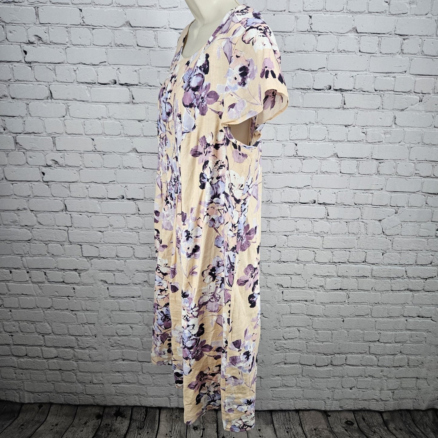J. Jill Orange Purple 100% Linen Floral Short Sleeve Midi Dress Large L Tall