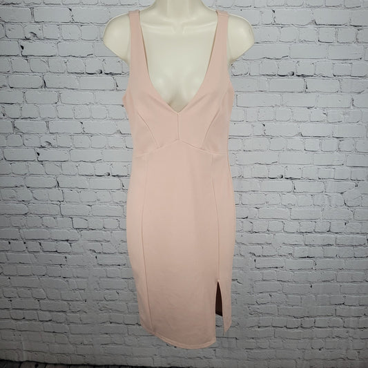 Lulus Pink Sleeveless Plunge Side Slit Stretch Lined Midi Bodycon Dress USA M