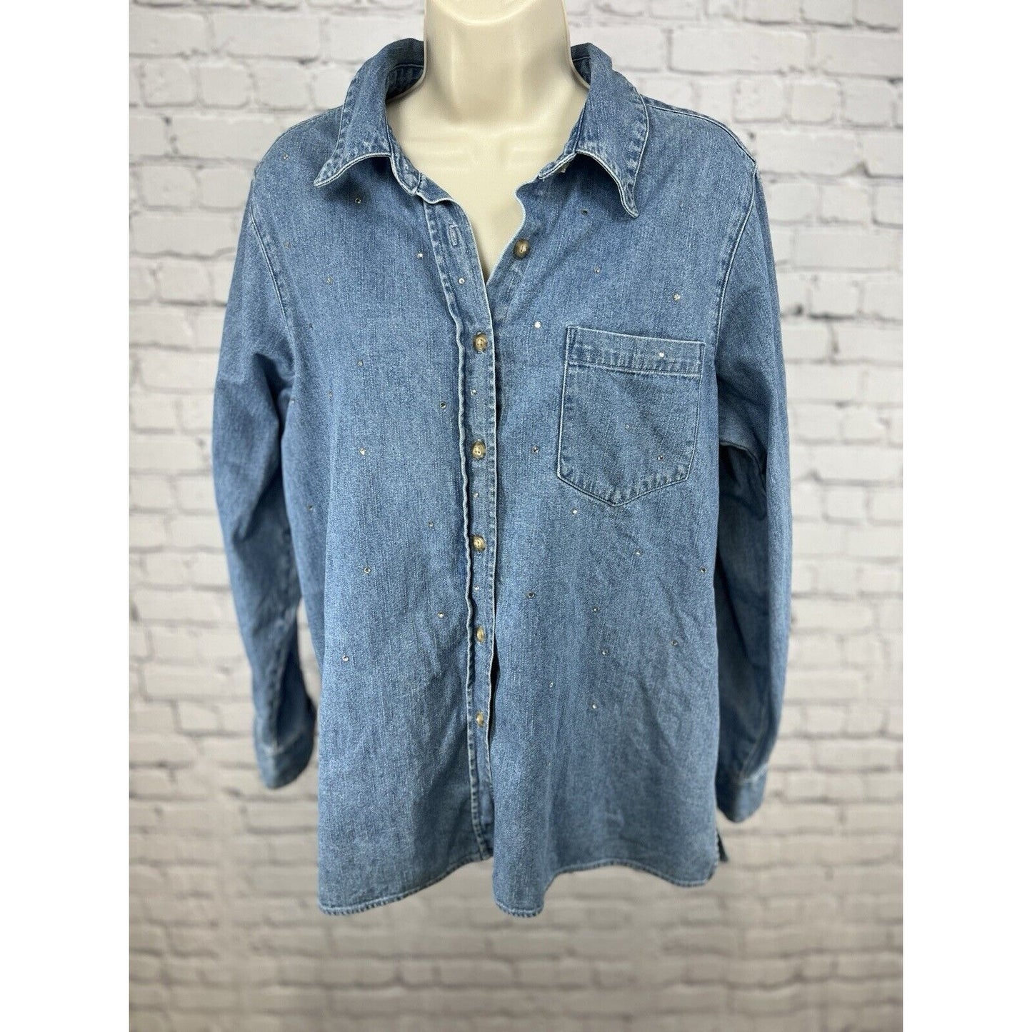 The Quacker Factory Cotton Denim Button Shirt Shacket Rhinestone Women’s Size M