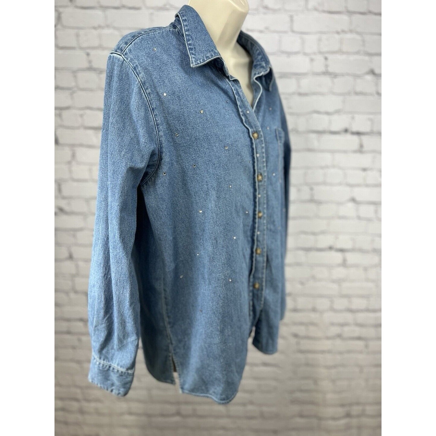 The Quacker Factory Cotton Denim Button Shirt Shacket Rhinestone Women’s Size M