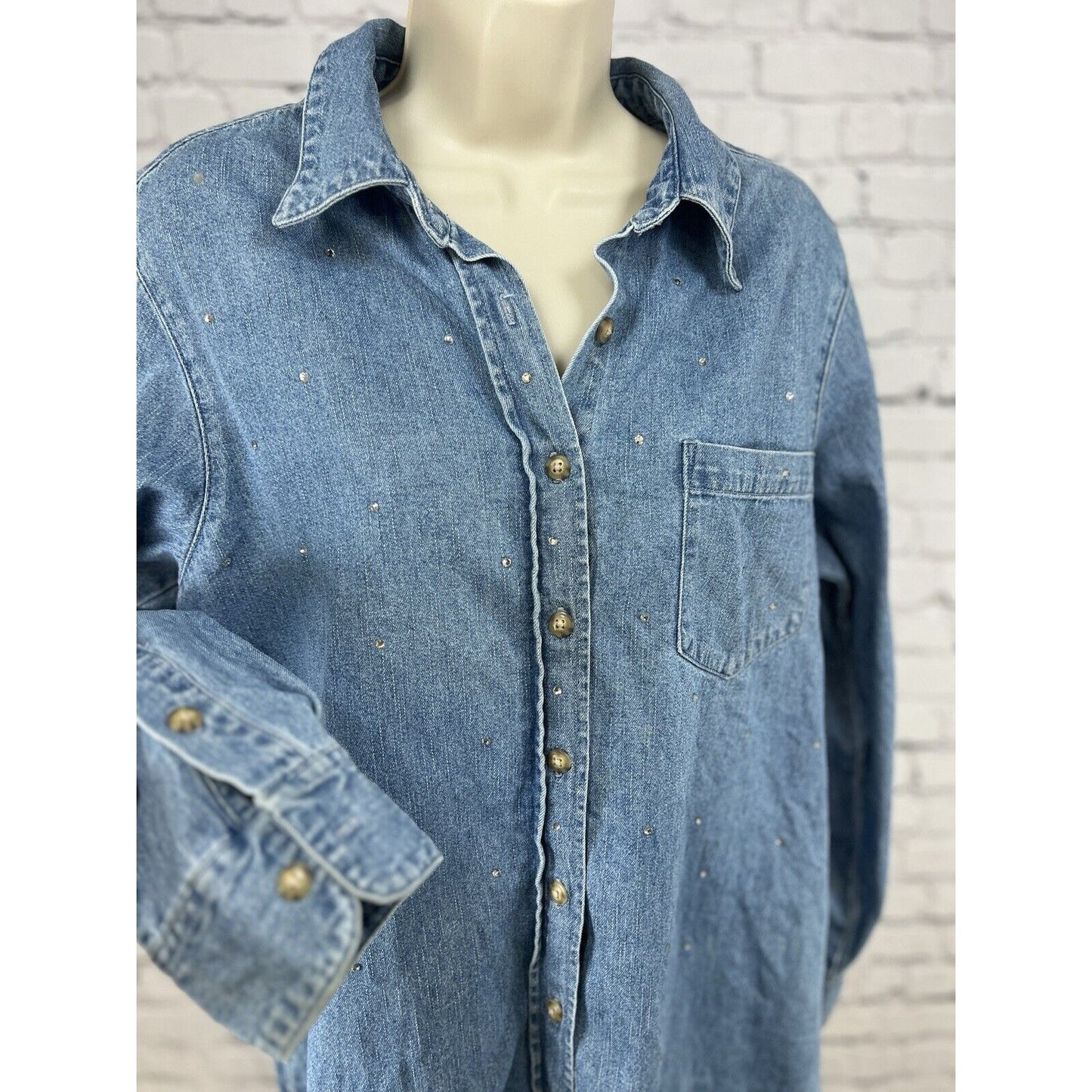 The Quacker Factory Cotton Denim Button Shirt Shacket Rhinestone Women’s Size M