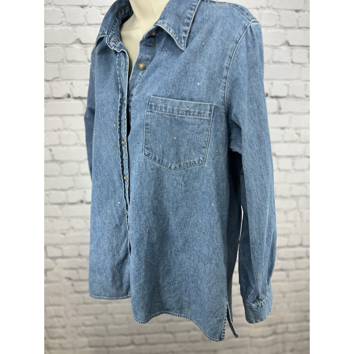 The Quacker Factory Cotton Denim Button Shirt Shacket Rhinestone Women’s Size M