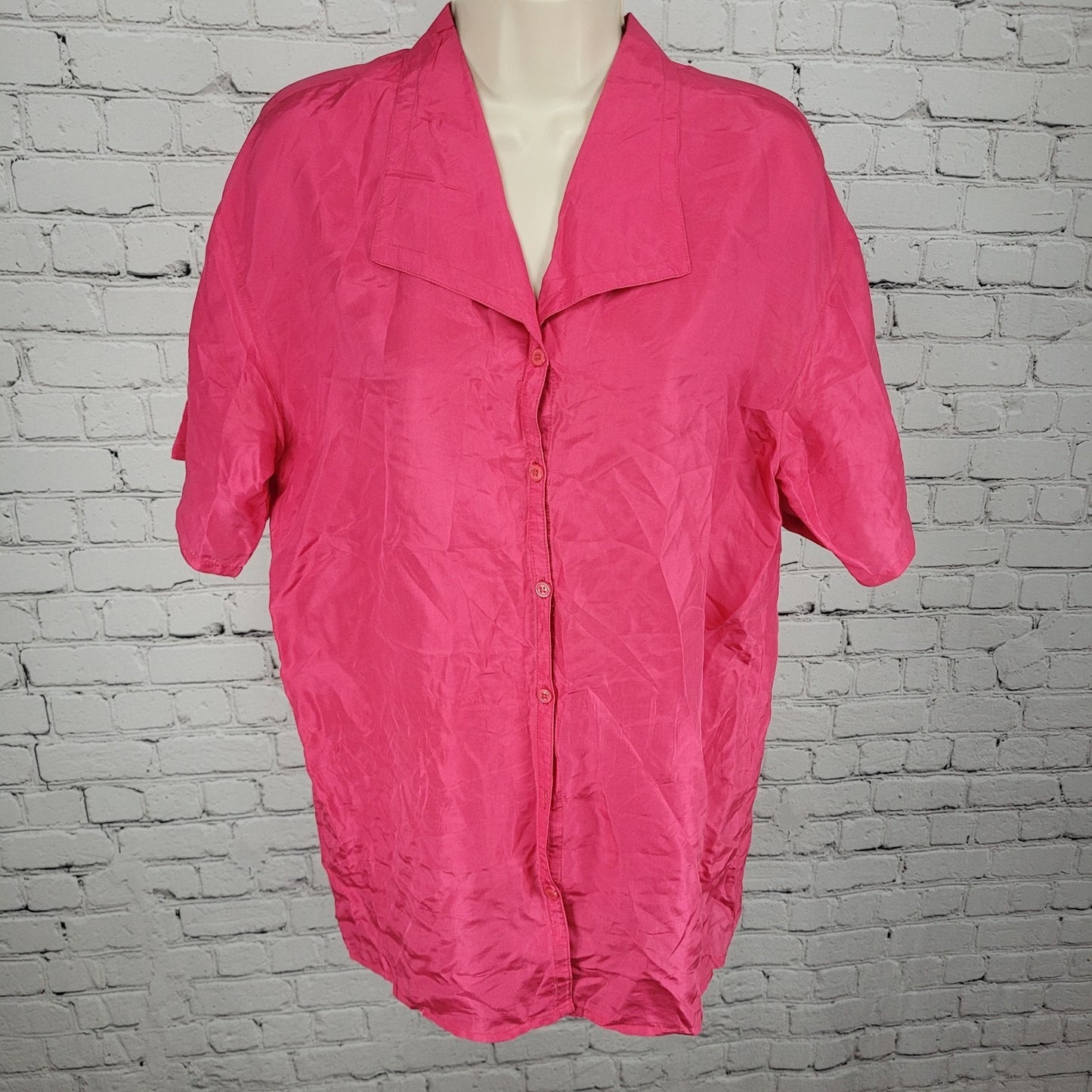 New Concepts Pink 100% Silk Lightweight Button Up Short Sleeve Top Medium M