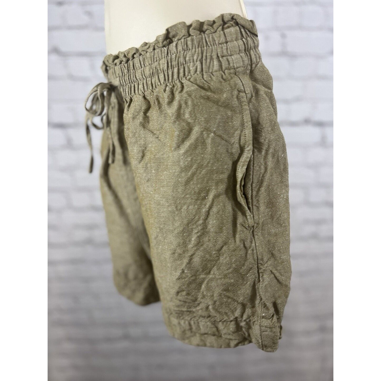 Madewell Spiced Olive Linen Blend Drawstring Elastic Waist Pockets Shorts S