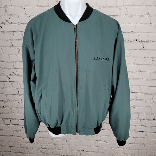 VTG Caesars Green Embroidered Logos Lightweight Full Zip Bomber Jacket Size 2XL