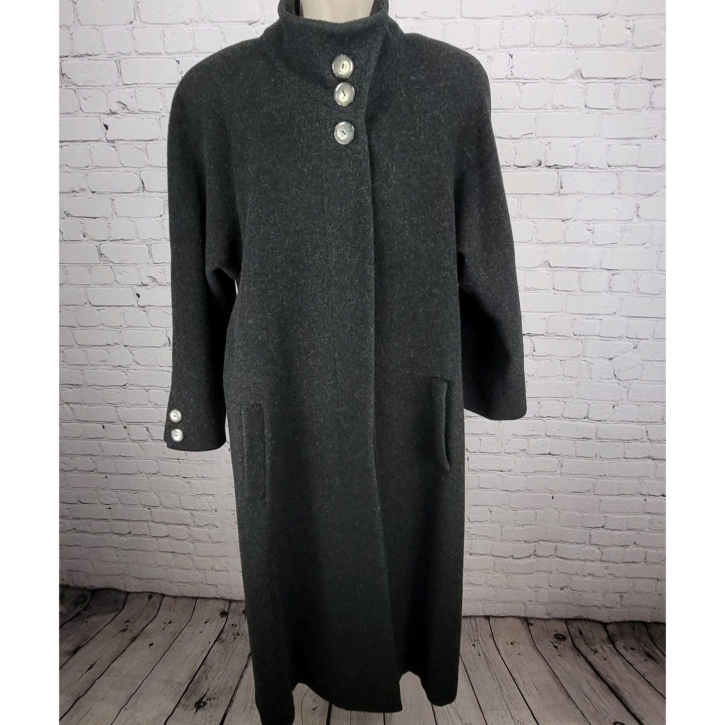 VTG Jules Miller Grey 100% Wool Buttoned Pockets Lined Long Over Coat USA Large