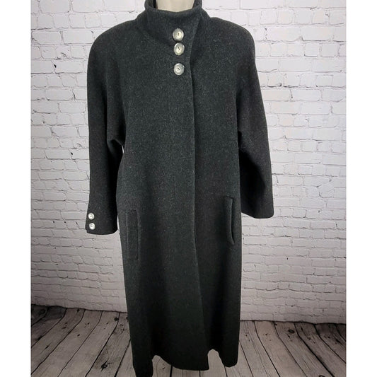 VTG Jules Miller Grey 100% Wool Buttoned Pockets Lined Long Over Coat USA Large